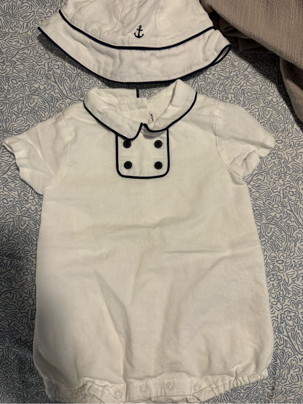 Janie and Jack White Romper with Navy Trim and Buttons